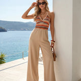 Wide-leg jumpsuit with beige Aztec print halter neck