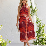 Backless Midi Dress with Tropical Print and Cut
