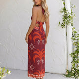 Backless Midi Dress with Tropical Print and Cut