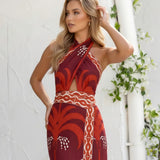 Backless Midi Dress with Tropical Print and Cut