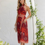 Backless Midi Dress with Tropical Print and Cut