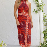 Backless Midi Dress with Tropical Print and Cut