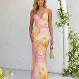 Maxi Spaghetti Strap Dress with Back Cut and Pink Floral Print