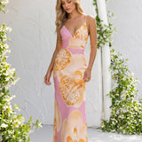 Maxi Spaghetti Strap Dress with Back Cut and Pink Floral Print