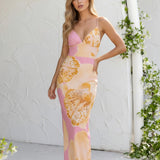 Maxi Spaghetti Strap Dress with Back Cut and Pink Floral Print