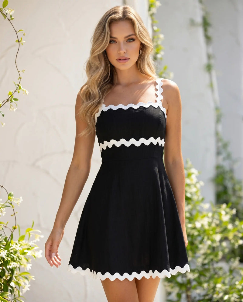 Mini A-Line Dress with Square Neck and Black Trim