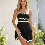Mini A-Line Dress with Square Neck and Black Trim