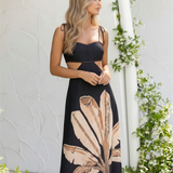 Maxi Spaghetti Strap Dress with Waist Cut and Plant Print