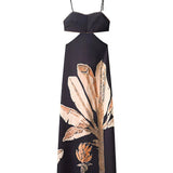 Maxi Spaghetti Strap Dress with Waist Cut and Plant Print