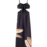 Maxi Spaghetti Strap Dress with Waist Cut and Plant Print