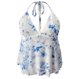 Short Backless Peplum Top with White Floral Print
