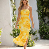 Yellow Floral Print Sleeveless Fitted Maxi Dress