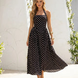 Black Polka Dot Backless Midi A-Line Dress with Halter Neck