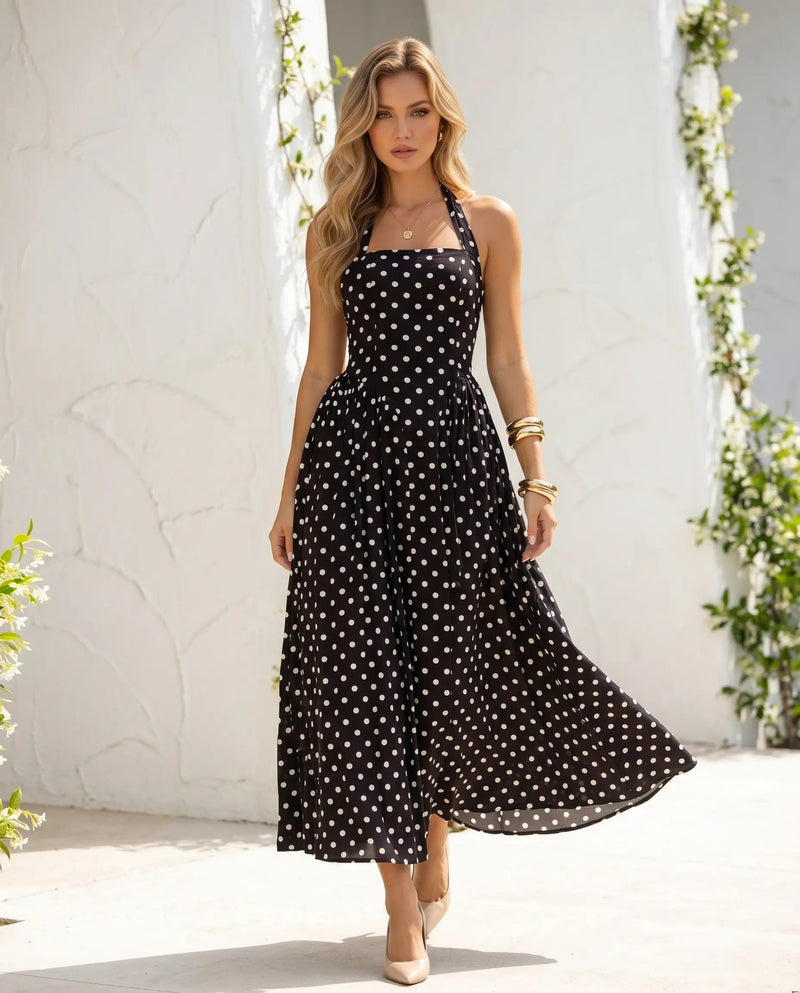 Black Polka Dot Backless Midi A-Line Dress with Halter Neck
