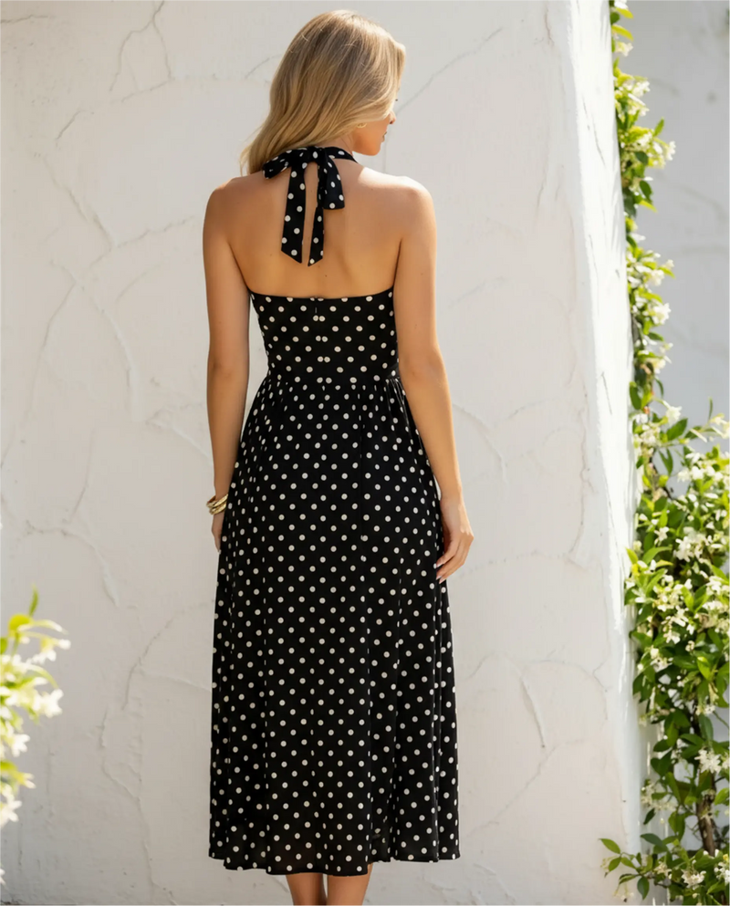 Black Polka Dot Backless Midi A-Line Dress with Halter Neck