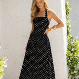 Black Polka Dot Backless Midi A-Line Dress with Halter Neck