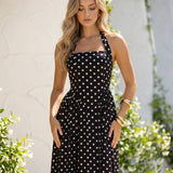 Black Polka Dot Backless Midi A-Line Dress with Halter Neck