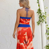 Red Floral Print Milk Silk Halter Crop Top and Long Skirt Set