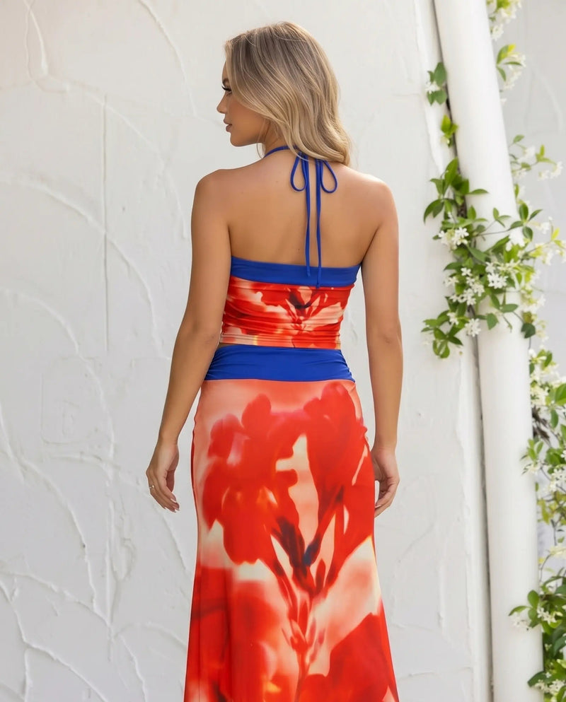 Red Floral Print Milk Silk Halter Crop Top and Long Skirt Set