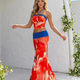 Red Floral Print Milk Silk Halter Crop Top and Long Skirt Set
