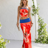 Red Floral Print Milk Silk Halter Crop Top and Long Skirt Set