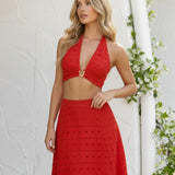 Short Cotton Blend Top with Red Eyelet Embroidery