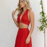 Short Cotton Blend Top with Red Eyelet Embroidery