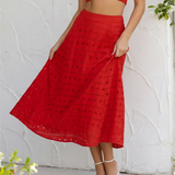 Red Eyelet Embroidered Cotton Blend A-Line Midi Skirt