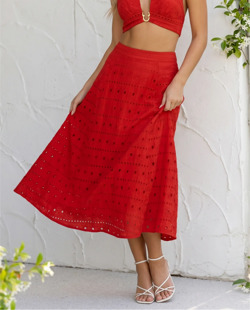 Red Eyelet Embroidered Cotton Blend A-Line Midi Skirt