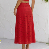Red Eyelet Embroidered Cotton Blend A-Line Midi Skirt