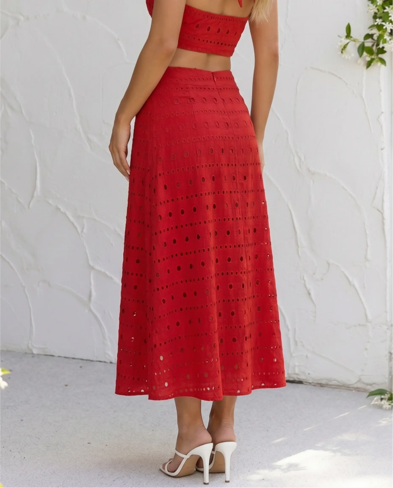 Red Eyelet Embroidered Cotton Blend A-Line Midi Skirt