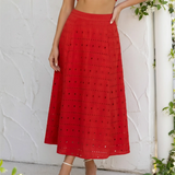 Red Eyelet Embroidered Cotton Blend A-Line Midi Skirt