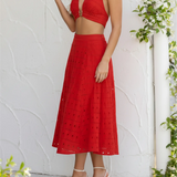 Red Eyelet Embroidered Cotton Blend A-Line Midi Skirt