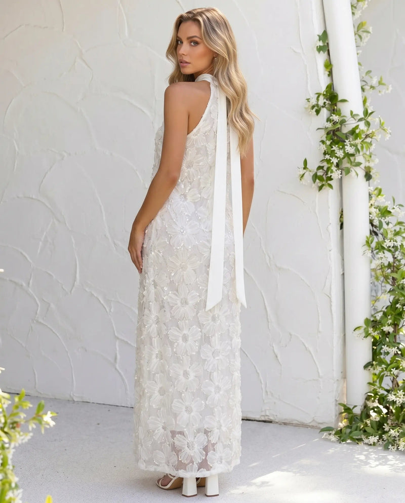 Maxi Dress with 3D Floral Applique and Halter Neck