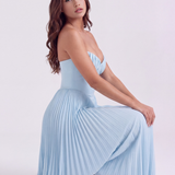 Long pleated dress with sweetheart neckline