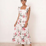 Pleated Floral Midi Dress with Ruffles
