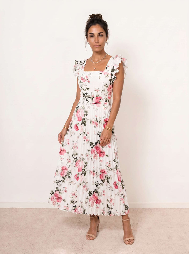 Pleated Floral Midi Dress with Ruffles