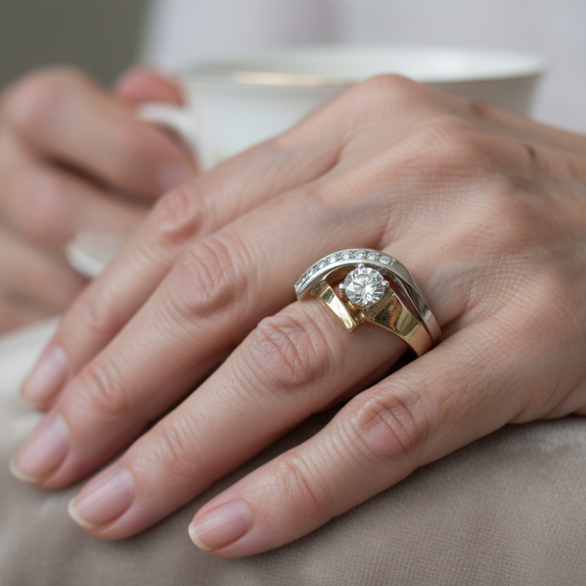 Irregular vintage ring in gold and silver with zircon