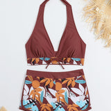 Bikini with mid-rise shorts and halter top