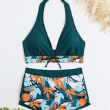 Bikini with mid-rise shorts and halter top