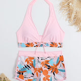 Bikini with mid-rise shorts and halter top
