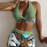 Bikini with mid-rise shorts and halter top