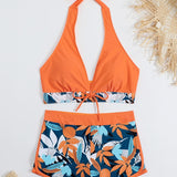 Bikini with mid-rise shorts and halter top