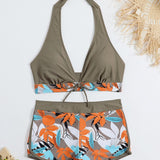 Bikini with mid-rise shorts and halter top