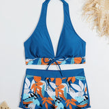 Bikini with mid-rise shorts and halter top