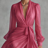 Beatrice™ | Elegant long chiffon dress with V-neck and waist tie
