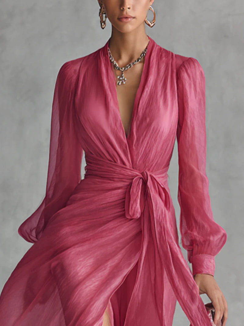 Beatrice™ | Elegant long chiffon dress with V-neck and waist tie
