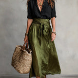 Vera™ | Two-Piece Set: Black Top and Olive Green Midi Skirt