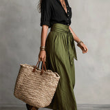 Vera™ | Two-Piece Set: Black Top and Olive Green Midi Skirt