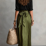 Vera™ | Two-Piece Set: Black Top and Olive Green Midi Skirt